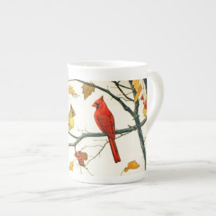 Taza De Porcelana Dibujo japonés vintage, cardenales en una rama
