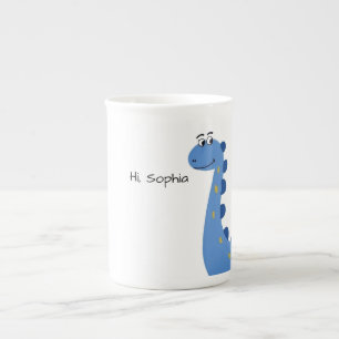 Taza De Porcelana Dinosaurio Azul Adorable - Nombre Personalizado So