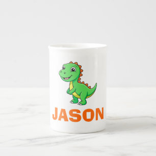 Taza De Porcelana Dinosaurio con nombre personalizado para niños lin