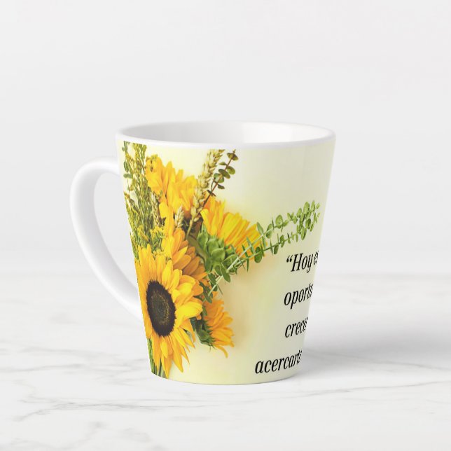 Taza de porcelana diseño de girasol y frace  (Ángulo izquierdo)