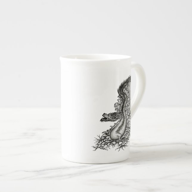 Taza De Porcelana Dragón chino, diseño blanco y negro en tatuostyl (Derecha)