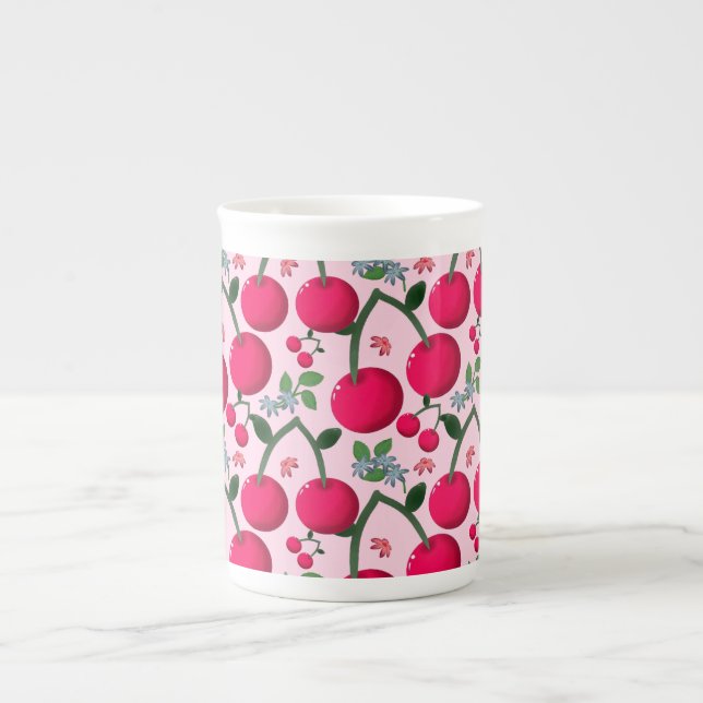 Taza De Porcelana Dulce patrón de cereza, Fruta Kawaii brillante (Frente)