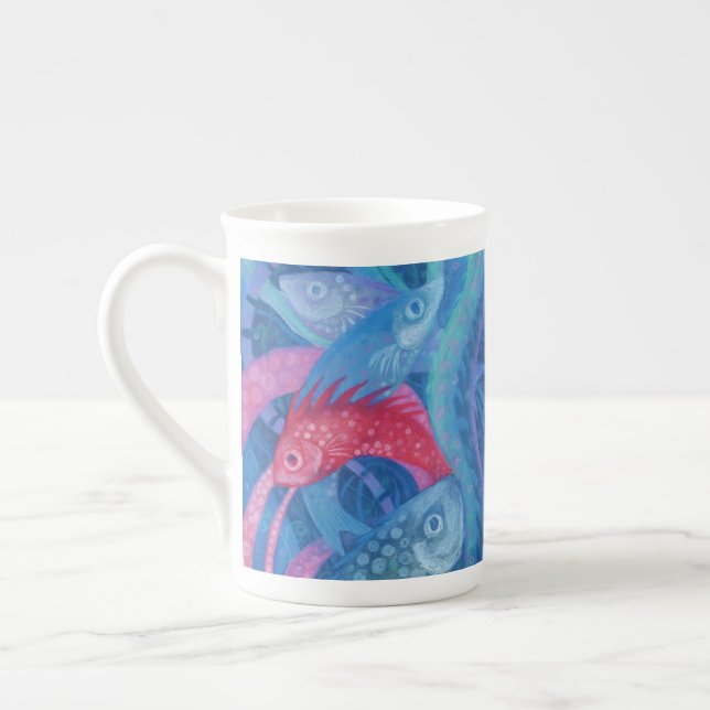 Taza De Porcelana El desove, el pescado, rosa y azul, bajo el agua (Izquierda)