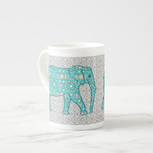 Taza De Porcelana Elefante de la flor de la mandala - turquesa, gris