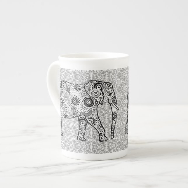 Taza De Porcelana elefante de remolino fractal - gris, negro y blanc (Izquierda)