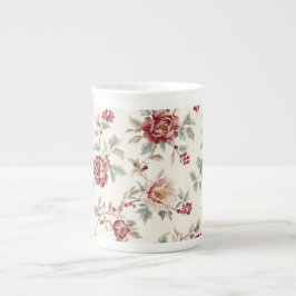 Taza De Porcelana Elegante Floral Rojo Crema Chic  