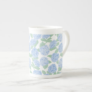Taza De Porcelana Elegante Hydrangea Azul Verde Preppy