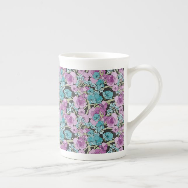 Taza De Porcelana Elegante patrón floral Púrpura Púrpura Negro Backg (Derecha)