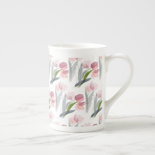 Taza De Porcelana Elegante Rubor Tulipanes rosados Sage Green Leaves (Derecha)