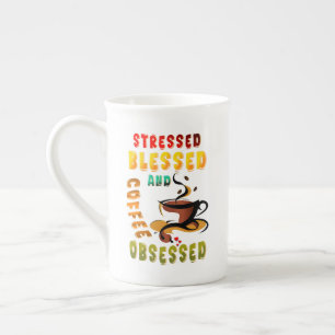 Taza De Porcelana Enfatizado Bendito Y Café Obsesionado
