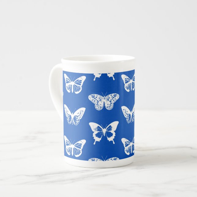 Taza De Porcelana Esbozo de mariposa, azul cobalto y blanco (Izquierda)