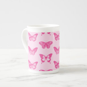 Taza De Porcelana Esbozo de mariposa, rosa claro y fucsia