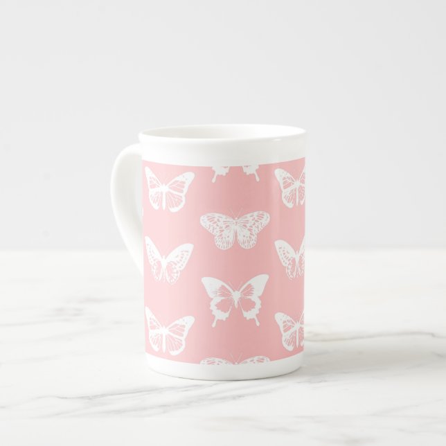 Taza De Porcelana Esbozo de mariposa, rosa concha y blanco (Izquierda)