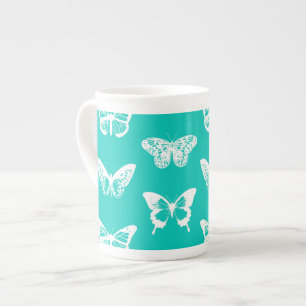 Taza De Porcelana Esbozo de mariposa, turquesa y blanco