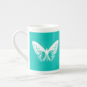 Taza De Porcelana Esbozo de mariposa, turquesa y blanco
