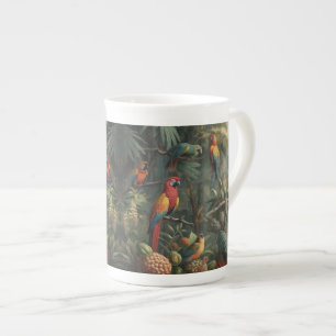 Taza De Porcelana Escena botánica de loros y piñas