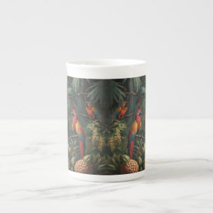 Taza De Porcelana Escena botánica de loros y piñas