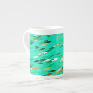 Taza De Porcelana Escuela de Pescado, Aqua, Verde y Oro