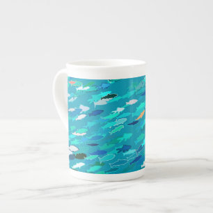 Taza De Porcelana Escuela de Pescado, Turquesa, Azul y Aqua