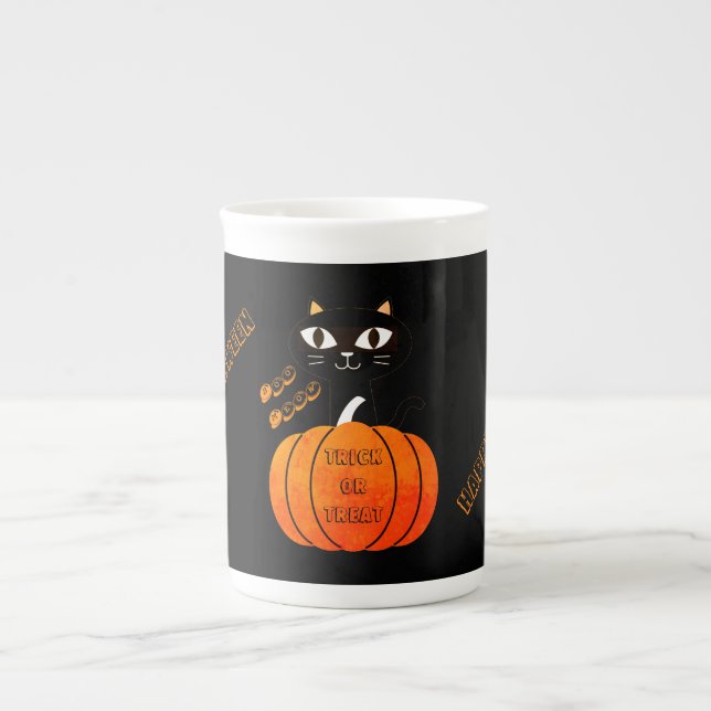 Taza De Porcelana Espeluznante Naranja negro calabaza de gato Hallow (Frente)