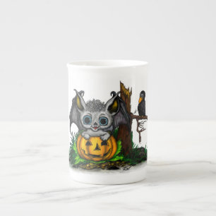 Taza De Porcelana Esperando Halloween , Cute Bat y Raven