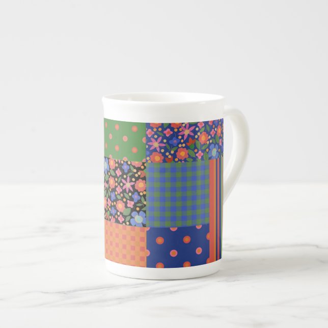 Taza De Porcelana Estilo de arte folclórico Faux Patchwork Bone Chin (Derecha)