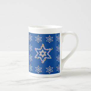 Taza De Porcelana Estrellas judías florales en campo azul oscuro