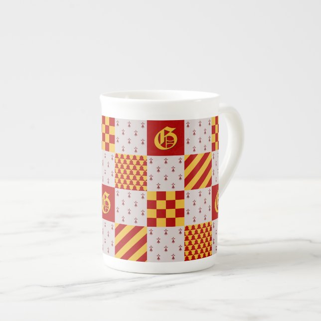 Taza De Porcelana Fantasía mágica amarilla roja medieval heráldica