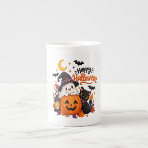 Taza De Porcelana Fantasma de Halloween Feliz Lindo Calabaza Gato Ne