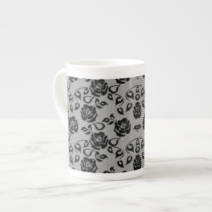 Taza De Porcelana Faux Black Lace Rosas Fishnet Mug Gift