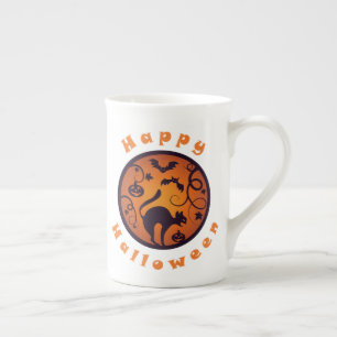 Taza De Porcelana Felices arañas y murciélagos de gatos negros en la
