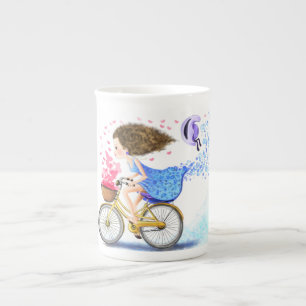Taza De Porcelana Feliz Chica joven con bici Mug