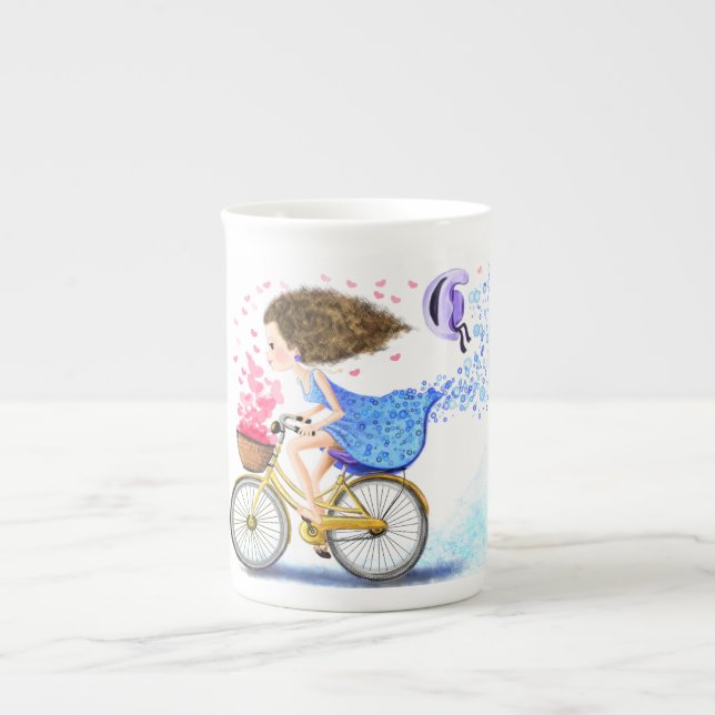 Taza De Porcelana Feliz Chica joven con bici Mug (Frente)