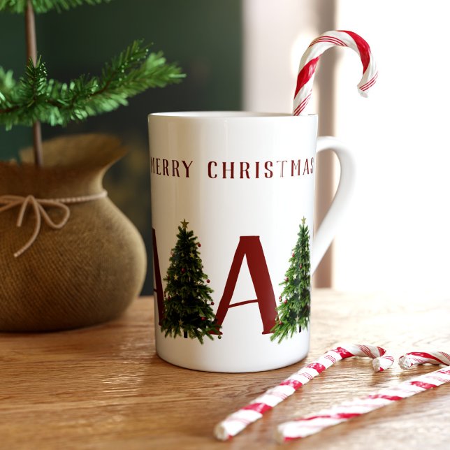 Taza De Porcelana Feliz Navidad Árbol Monogramado Festividad (Merry Christmas! Add your initial and festive message to this slim bone china mug)