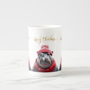 Taza De Porcelana Feliz Navidad Hippo Santa sombrero y bufanda