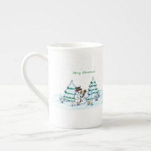 Taza De Porcelana ¡Feliz Navidad! Hombre de nieve con gato y cachorr