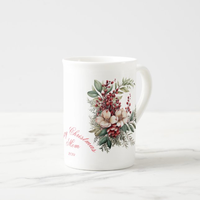 Taza De Porcelana Feliz Navidad Mamá Blanca Flora Verde Roja (Derecha)