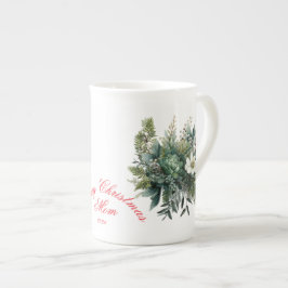 Taza De Porcelana Feliz Navidad Mamá Verde Floral