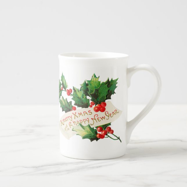 Taza De Porcelana Feliz Navidad y Feliz Año Nuevo Holly  (Derecha)