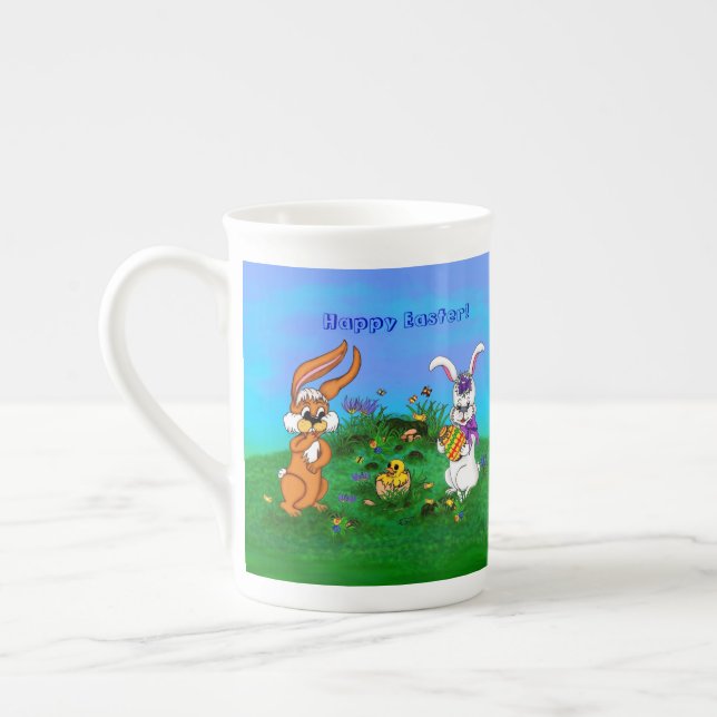 Taza De Porcelana ¡Feliz Pascua! Conejo con conejo y pollo (Izquierda)