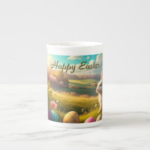 Taza De Porcelana Feliz Pascua en un paisaje primaveral