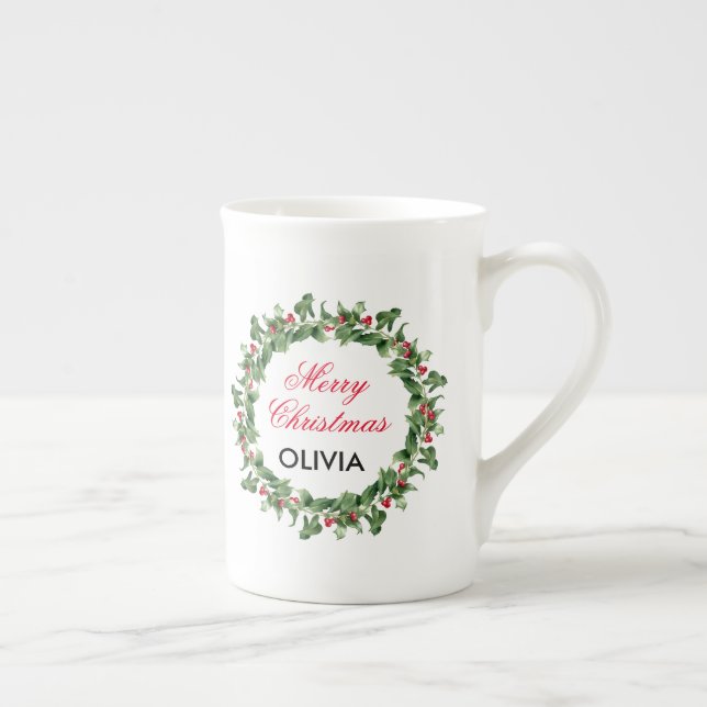 Taza De Porcelana Feria personalizada Navidad Holly Wreath (Derecha)