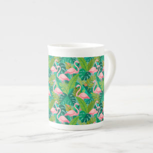 Taza De Porcelana Flamencos rosados tropicales follaje de la selva