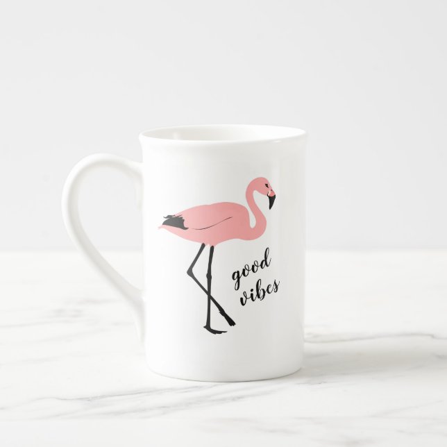 Taza De Porcelana Flamingo Good Vibes Rosa Black Bone China Mug (Izquierda)