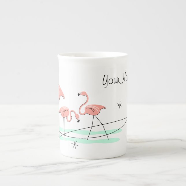 Taza De Porcelana Flamingo Ocean Trio Nombre hueso china mug (Frente)
