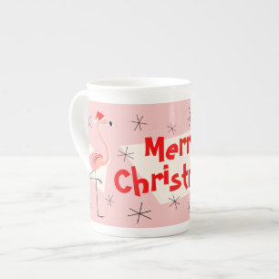 Taza De Porcelana Flamingo Santas Pink Merry Christmas bone china