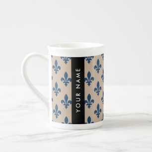 Taza De Porcelana Fleur de Lis, Azul Marino sobre Beige, Real, Tu No