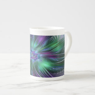 Taza De Porcelana Flor Abstracta Moderna Fractal Verde Púrpura