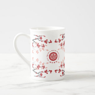 Taza De Porcelana Flor de Cerezo Roja Longevidad 壽 Cumpleaños Chino