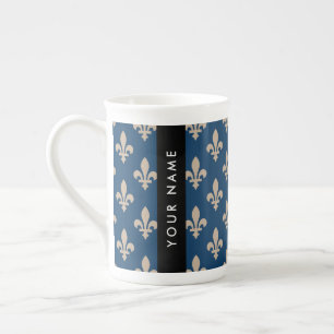 Taza De Porcelana Flor de Lis, Beige sobre Azul Marino, Real, Tu Nom
